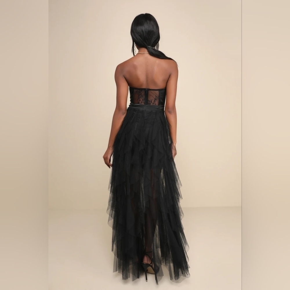 Lulus Forever Flawless Black Sheer Lace Strapless Bustier Maxi Dress M Wedding - Picture 5 of 10